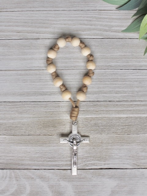 Handmade one decade door rosary by Knots of Grace, Sacred Shield St Benedict Door Rosary, tan