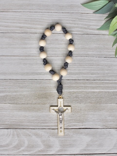 Handmade one decade door rosary by Knots of Grace, Light of Faith St. Benedict Door Rosary, navy blue
