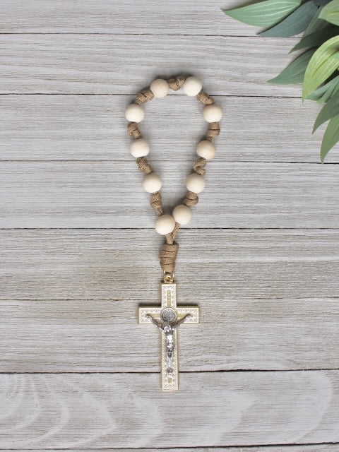 Handmade one decade door rosary by Knots of Grace, Light of Faith St. Benedict Door Rosary, tan
