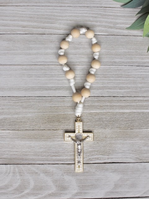 Handmade one decade door rosary by Knots of Grace, Light of Faith St. Benedict Door Rosary, white