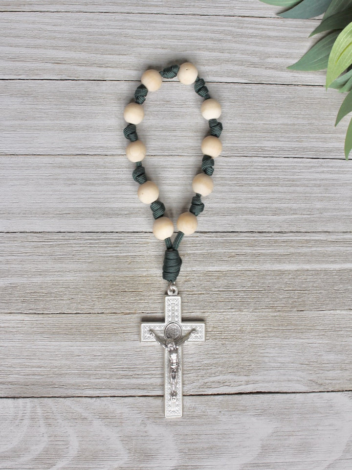 Handmade one decade door rosary by Knots of Grace, Divine Peace St. Benedict Door Rosary, forest green