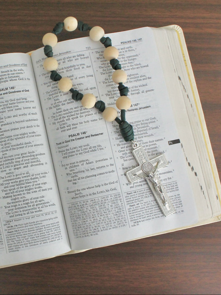 Handmade one decade door rosary by Knots of Grace, Divine Peace St. Benedict Door Rosary, forest green (pictured on bible)