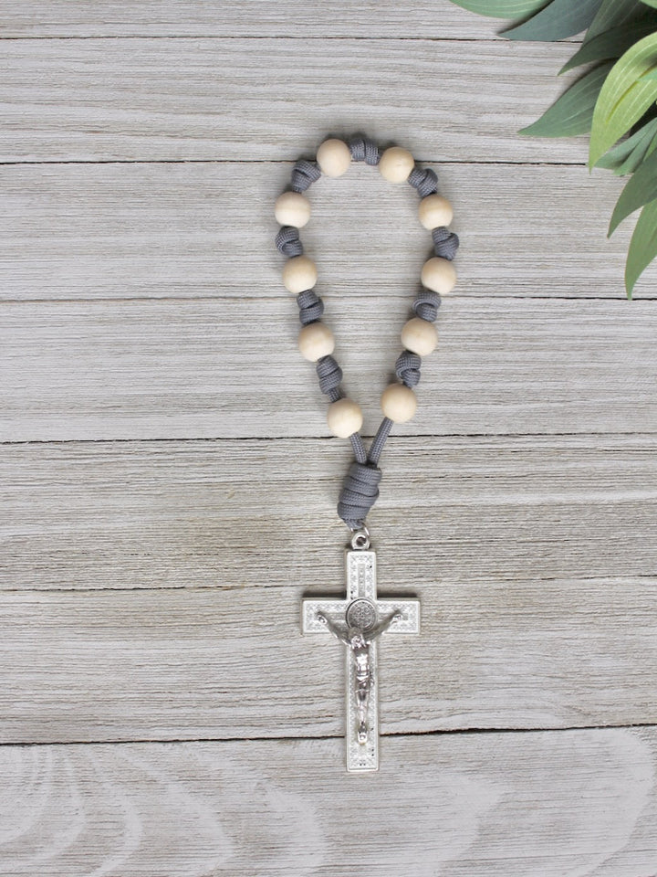 Handmade one decade door rosary by Knots of Grace, Divine Peace St. Benedict Door Rosary, grey