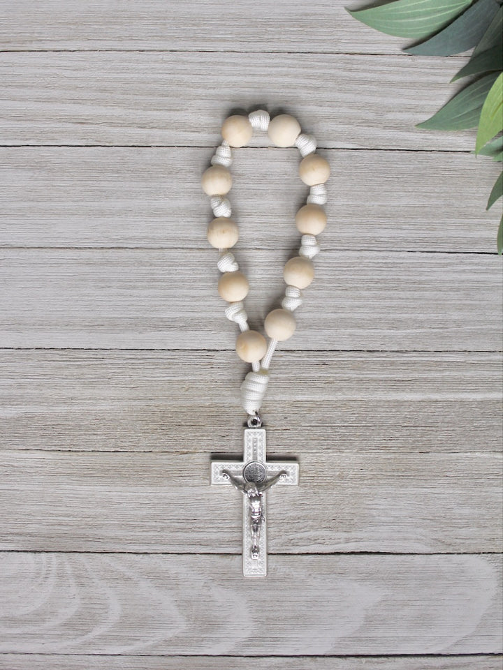 Handmade one decade door rosary by Knots of Grace, Divine Peace St. Benedict Door Rosary, white