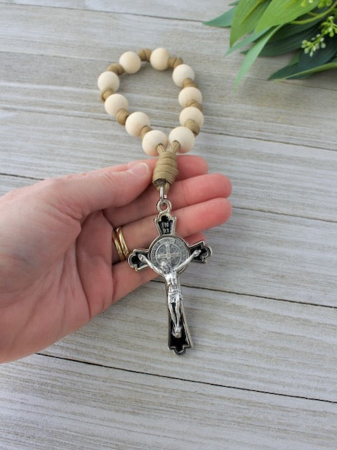 Handmade one decade door rosary by Knots of Grace, Midnight Grace Door Rosary, tan