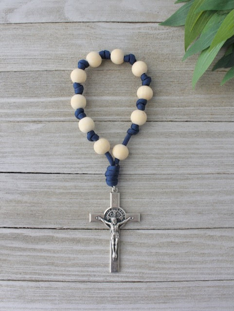 Handmade one decade door rosary by Knots of Grace, Sacred Shield St Benedict Door Rosary, navy blue