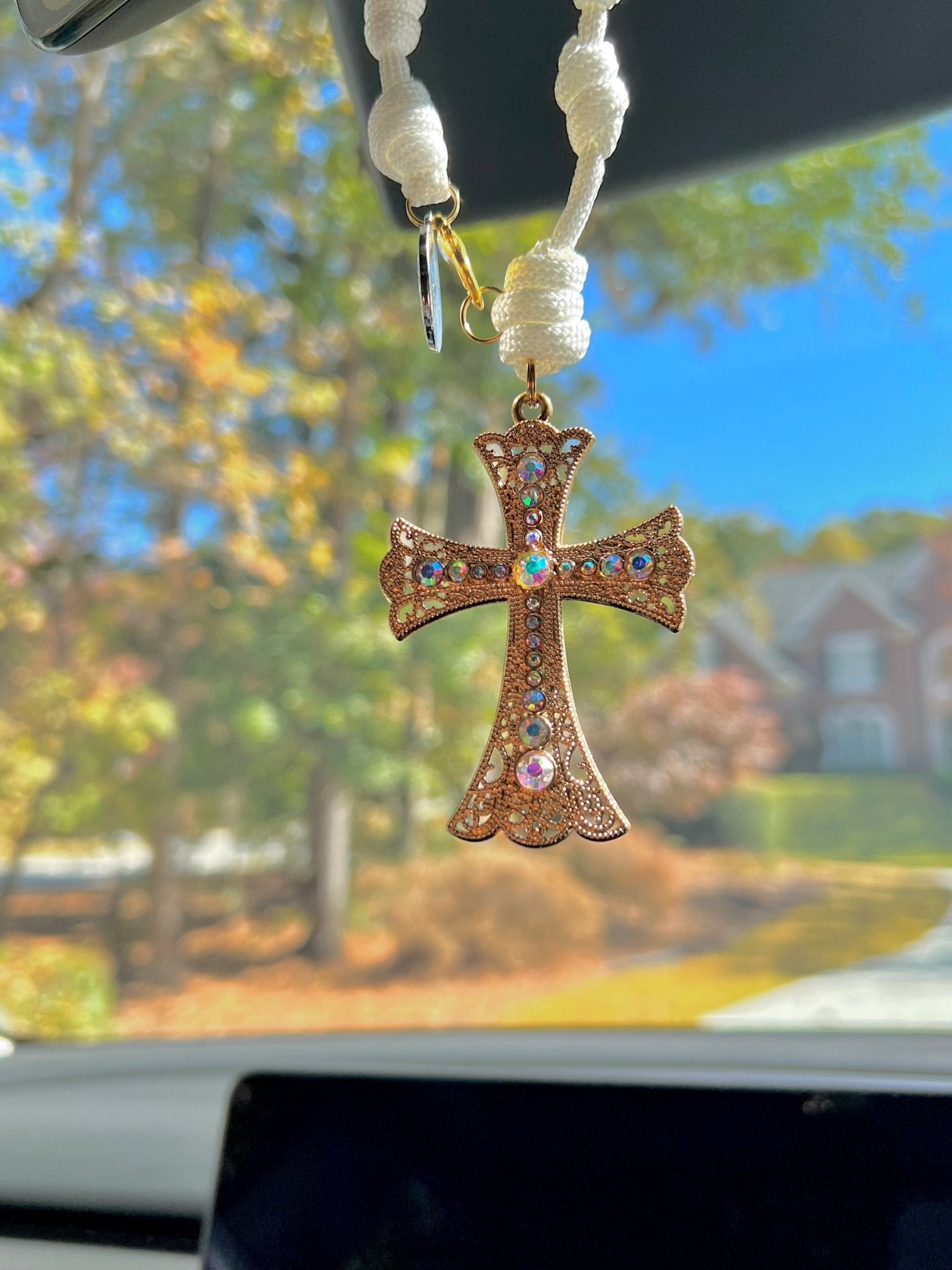 Iridescent Golden Rearview Mirror Rosary Knots of Grace