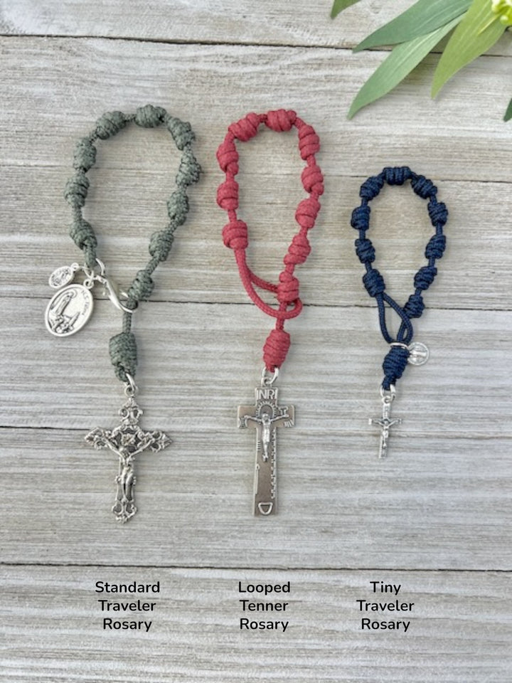 Flat lay showing looped comparison of Knots of Grace handmade one-decade traveler pocket rosaries in various styles