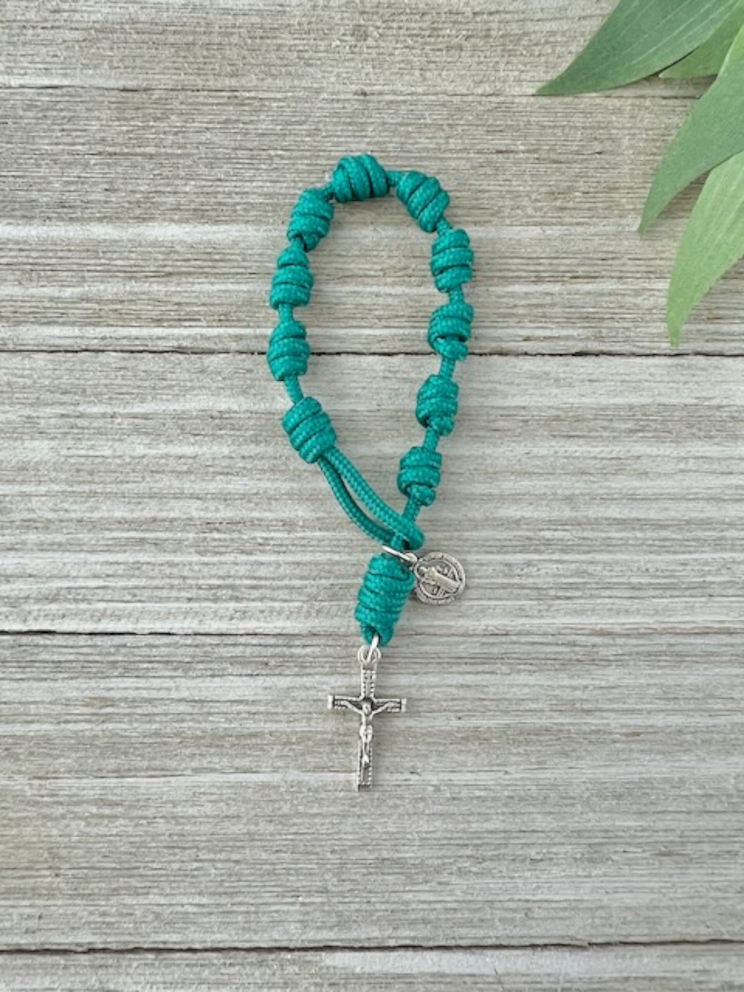 Teal one-decade Catholic pocket rosary with knotted cord, silver-tone cross and medal, handmade by Knots of Grace