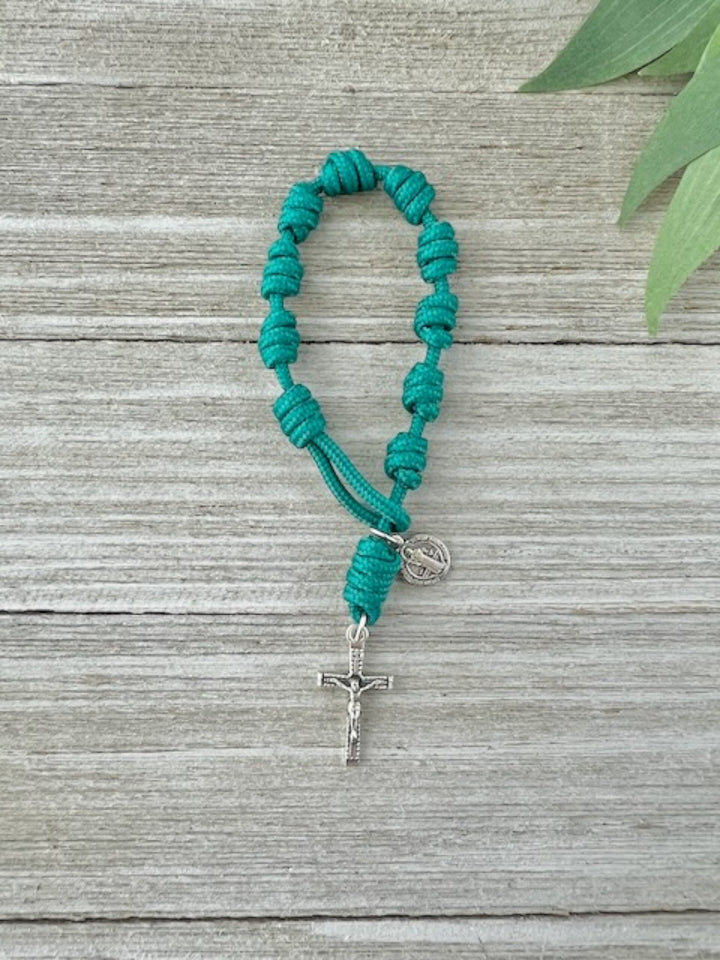 Teal one-decade Catholic pocket rosary with knotted cord, silver-tone cross and medal, handmade by Knots of Grace