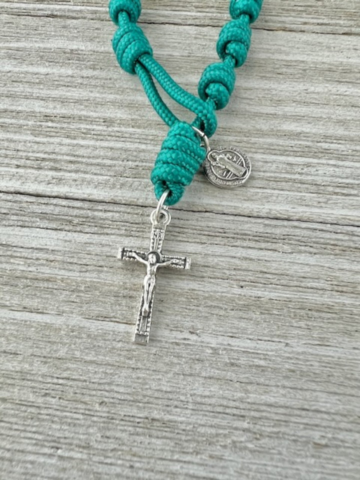 Teal one-decade Catholic pocket rosary with knotted cord, silver-tone crucifix and St. Benedict medal, handmade by Knots of Grace
