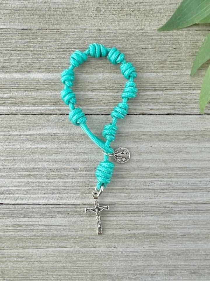 Turquoise one-decade Catholic pocket rosary with knotted cord, silver-tone cross and medal, handmade by Knots of Grace