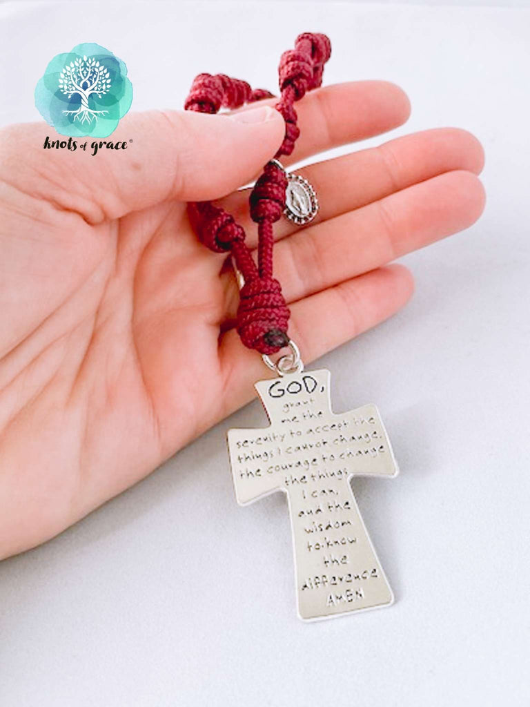 Pink/Black Rhodonite Rosary offers Serenity Prayer