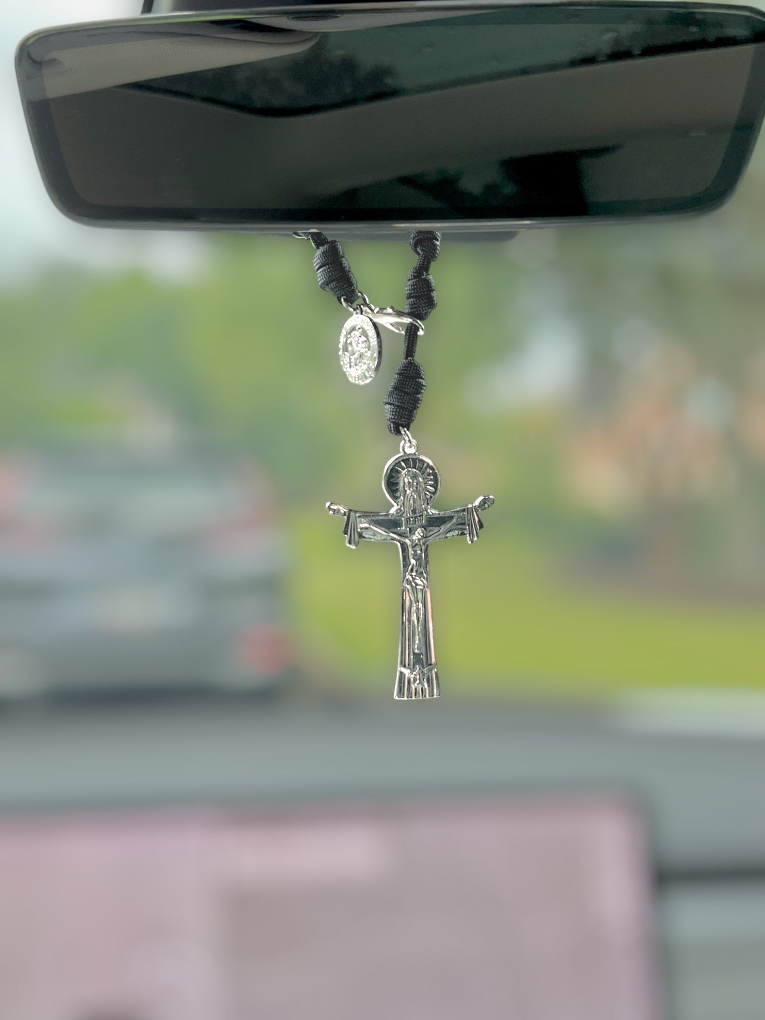 Trinity Crucifix Rearview Mirror Rosary - Knots of Grace