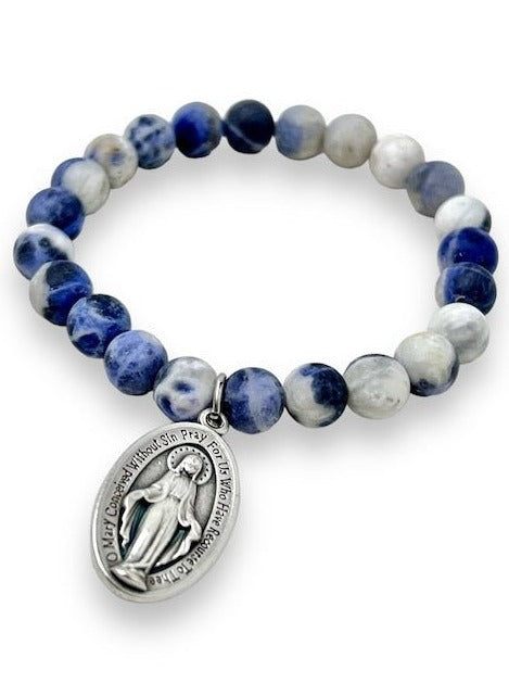 Miraculous Medal Matte Denim Sodalite Beaded Stretch